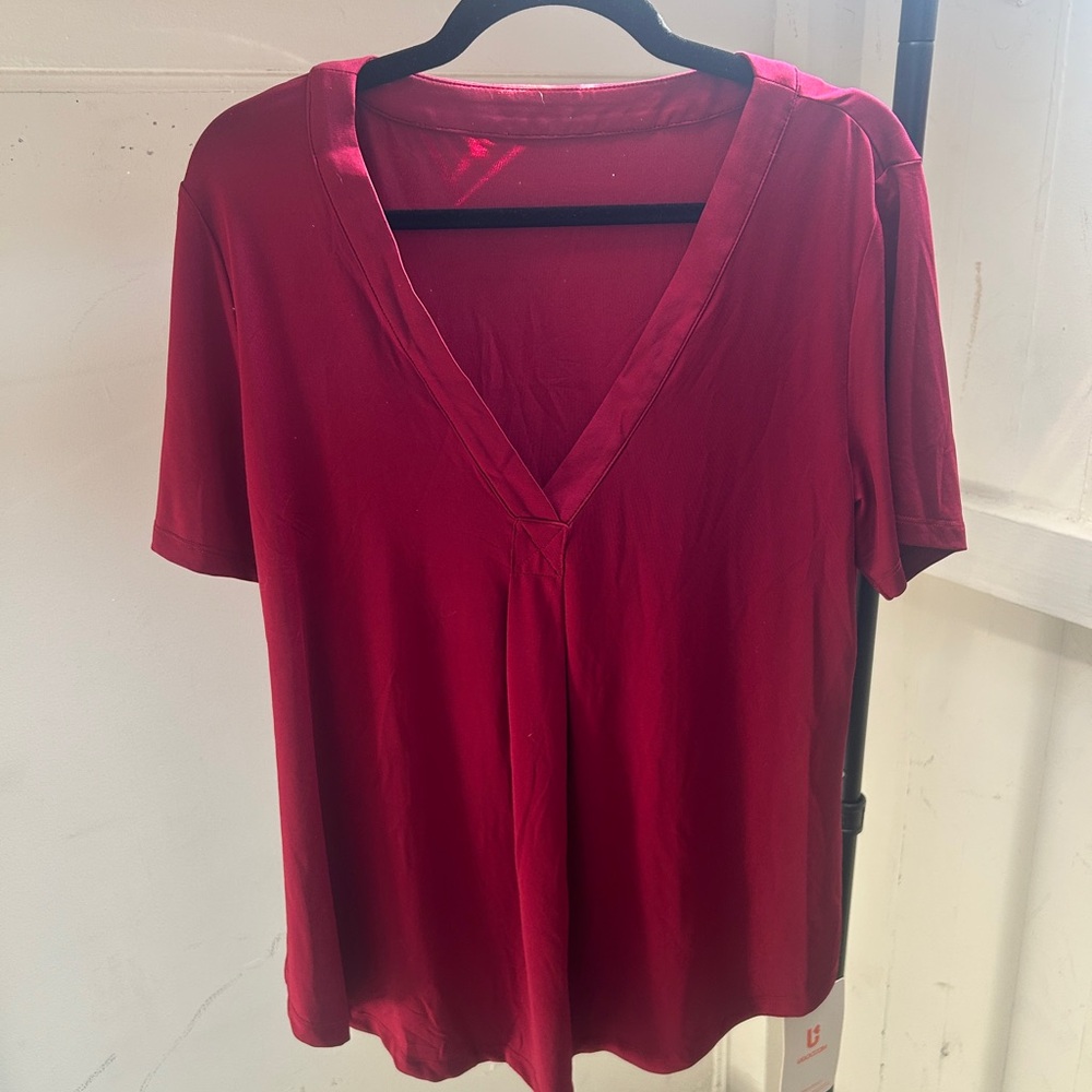 Red Pleat Front V-Neck with Satin Neckline